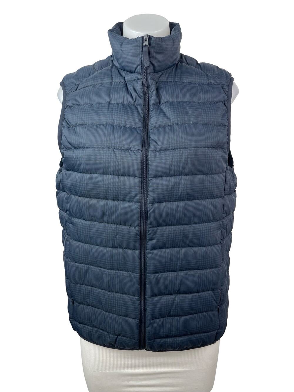 Uniqlo Ultra Light Houndstooth Women's Blue Full Zip Puffer Vest Jacket Size S